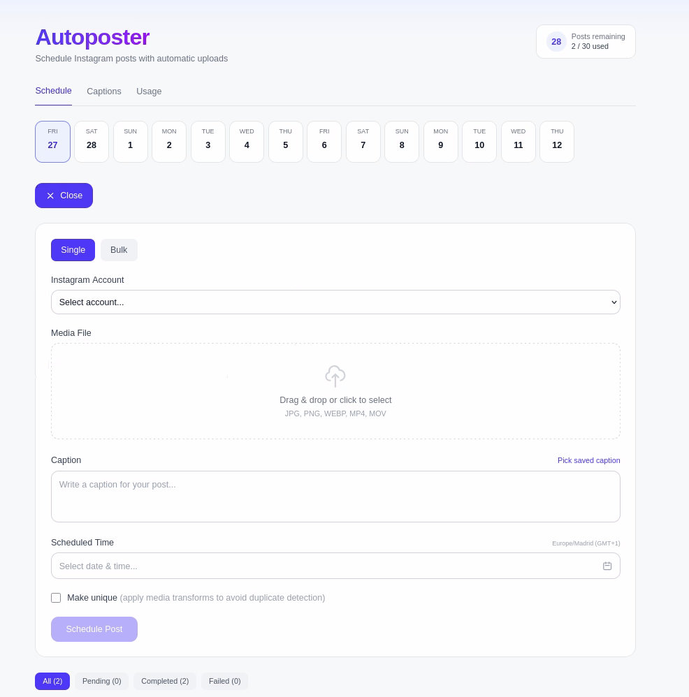 Auto Poster scheduling dashboard