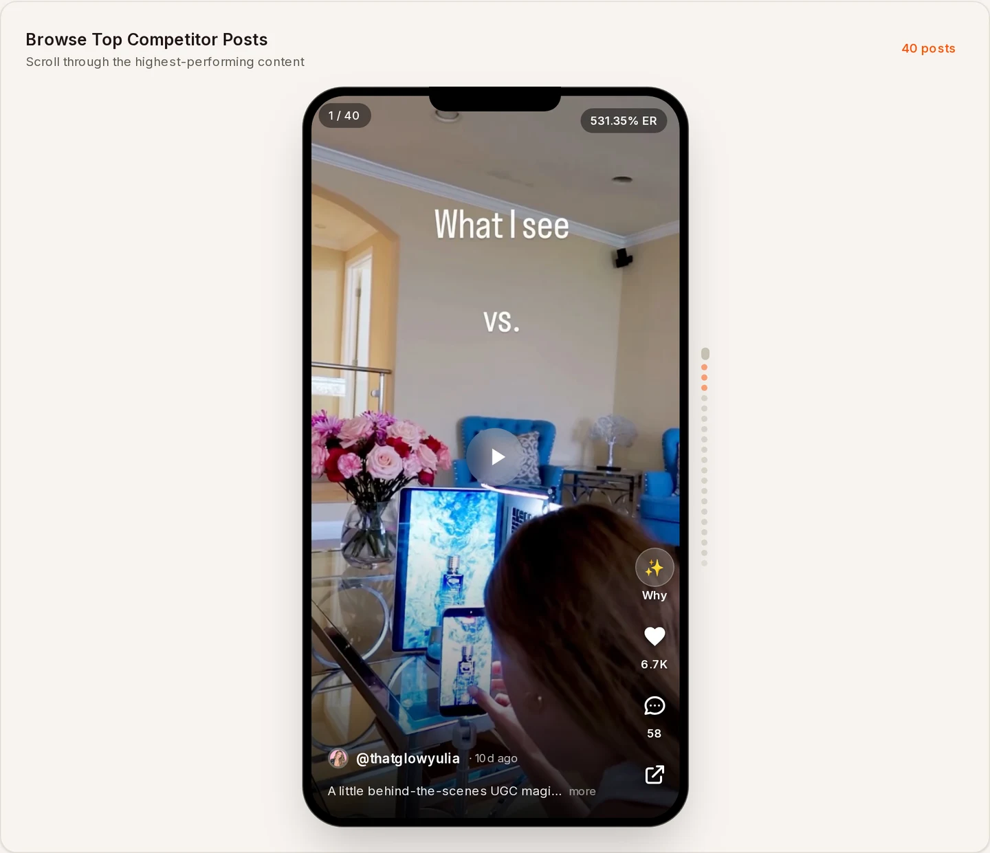 Top competitor posts shown in a phone frame with engagement rate, likes and comments